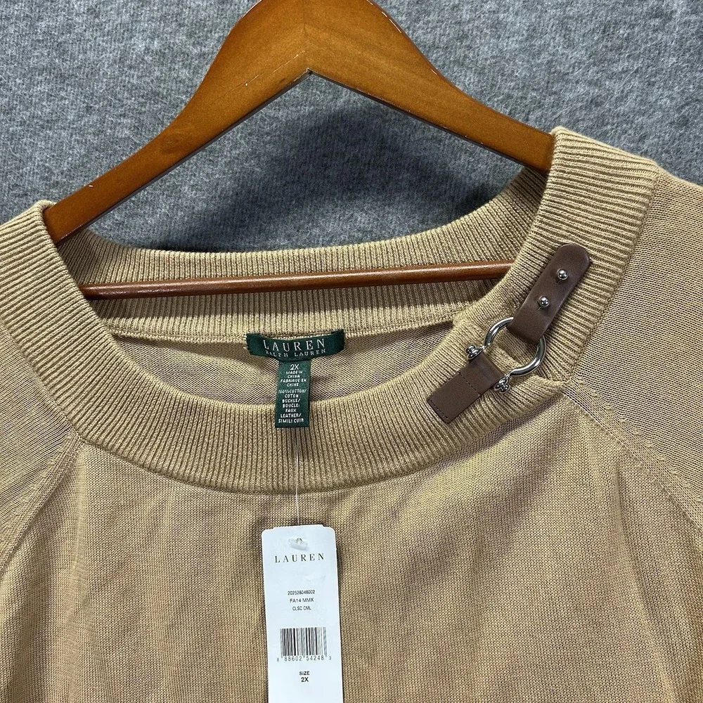 Lauren Ralph Lauren Women Faux Leather Buckle‎ Neck Sweater Sz 2X Brown